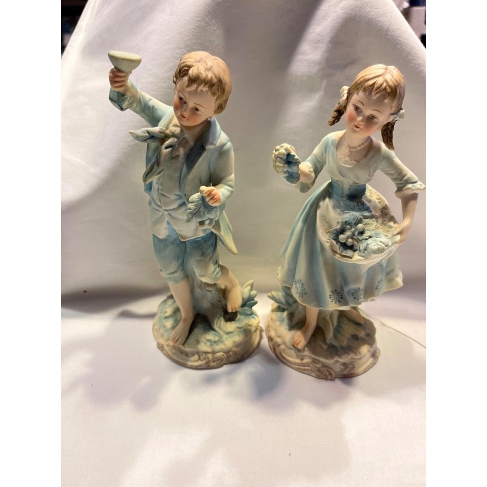 Vintage Blue ANDREA BY SADEK Bisque Porcelain Young Boy and Girl Figurines 7190